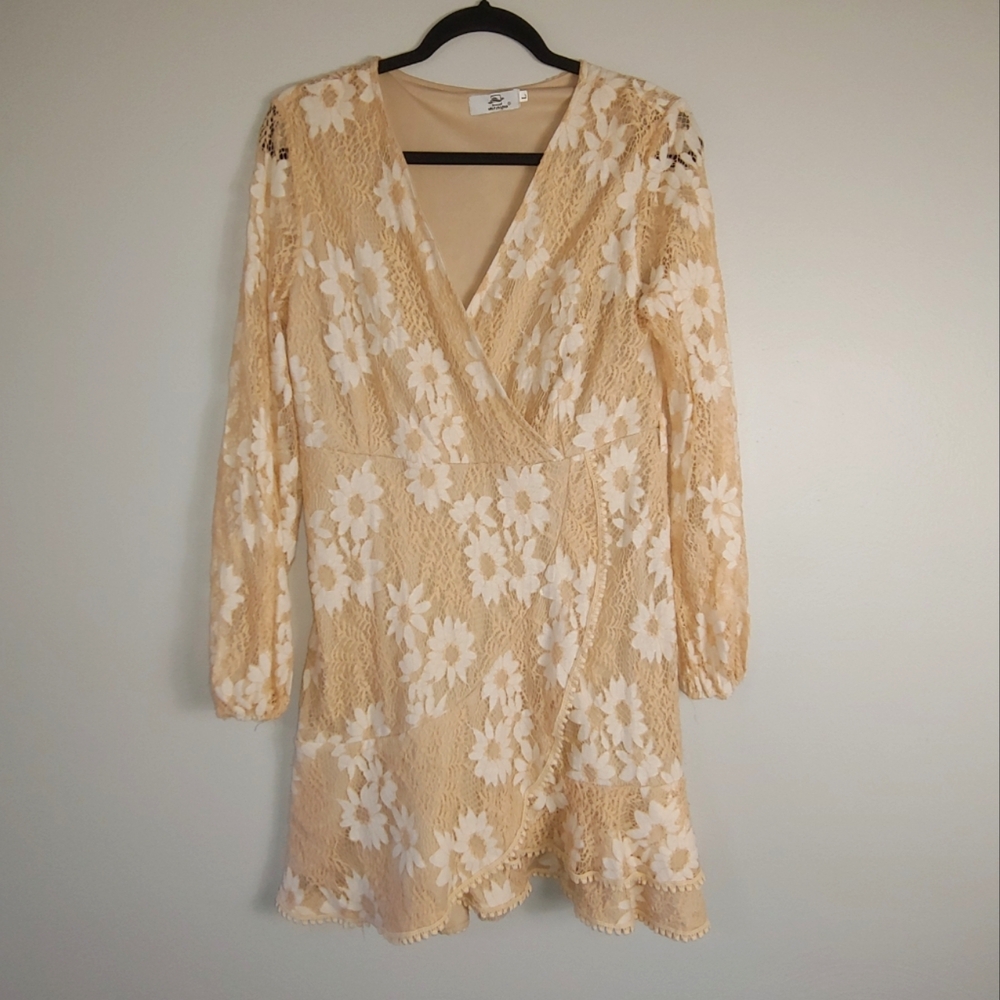 L Halfisland Floral Neutral Lace Faux Wrap Mini Dress